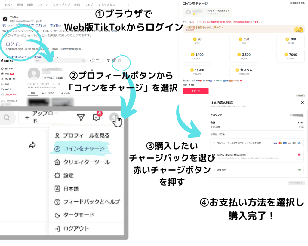 TikTokコインのチャージ方法ブラウザ(Web版)編