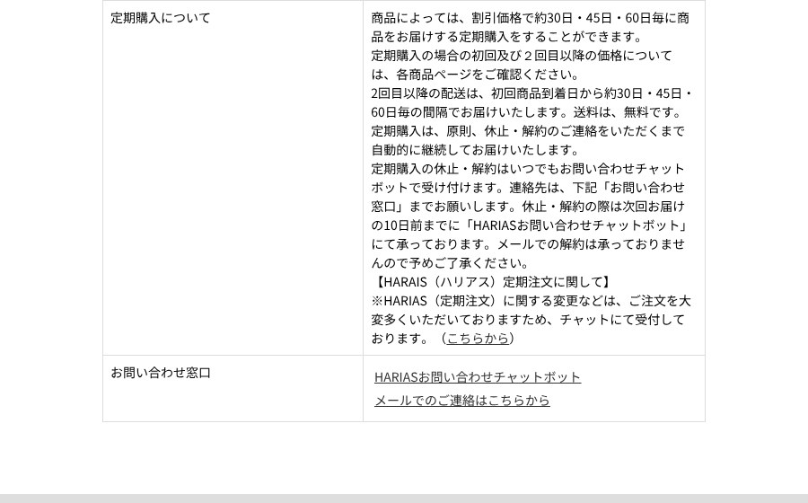 HARIAS公式の特定商取引法に基づく表示「定期購入について」と問い合わせ窓口